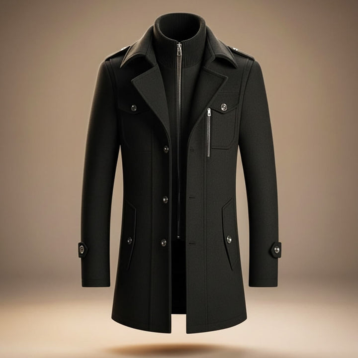 Men's Warm Wool Coat with Zipper and Notched Collar