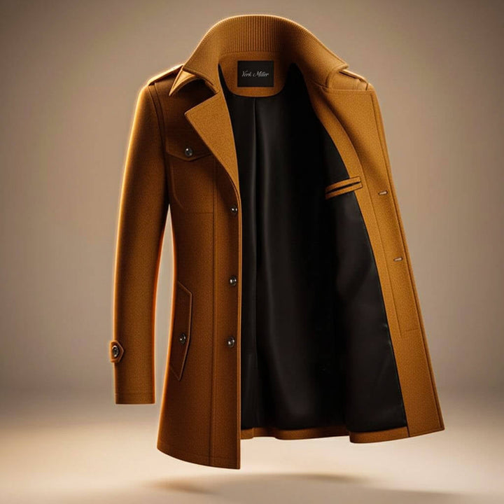 Men's Warm Wool Coat with Zipper and Notched Collar