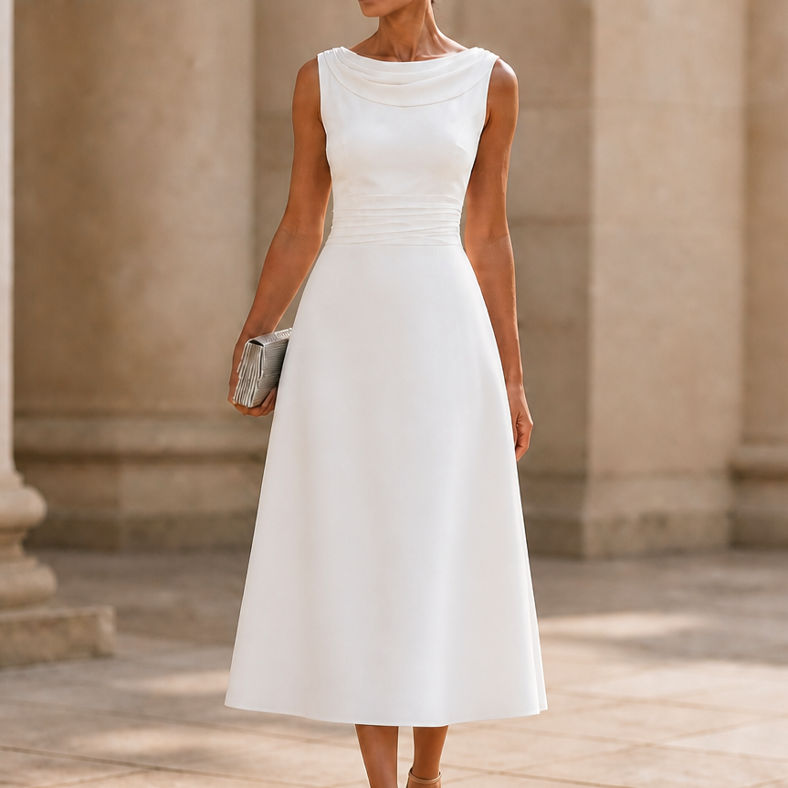 Draperie Draped-Neck Pleated A-Line Wedding Guest Dress - Elena Harper