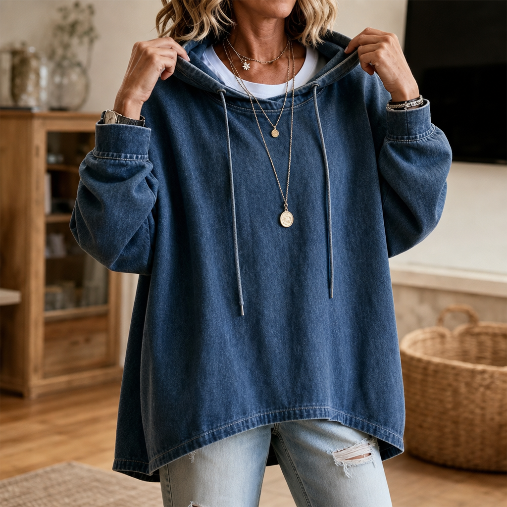 Denim Ease Washed Oversized Denim-Look Hoodie - Elena Harper