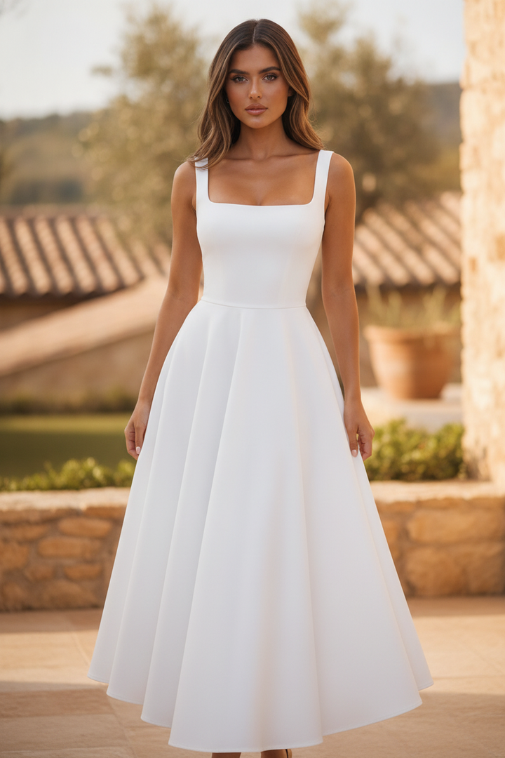 Women's Square Neck Midi Dress - Elegant Office Attire
