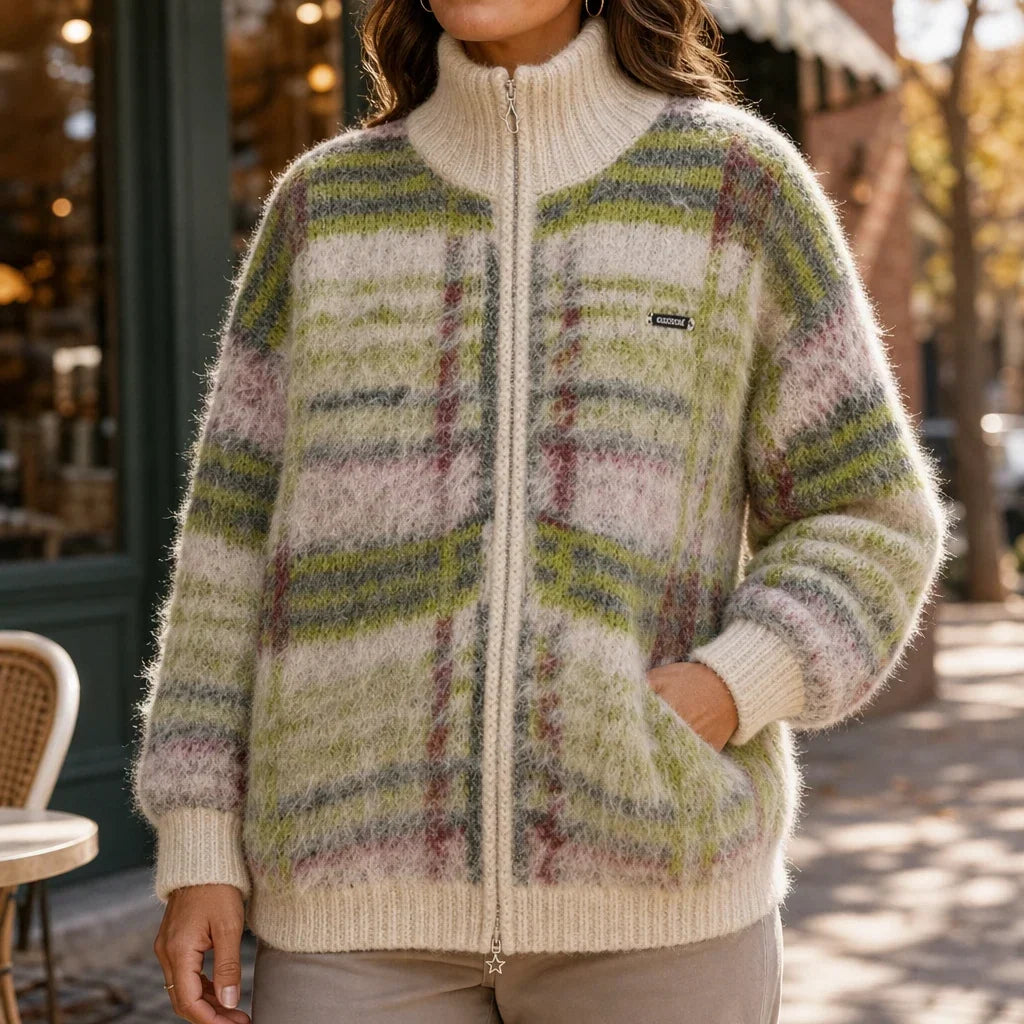 Checkermere Plush Plaid Zip-Up High-Collar Cardigan - Elena Harper