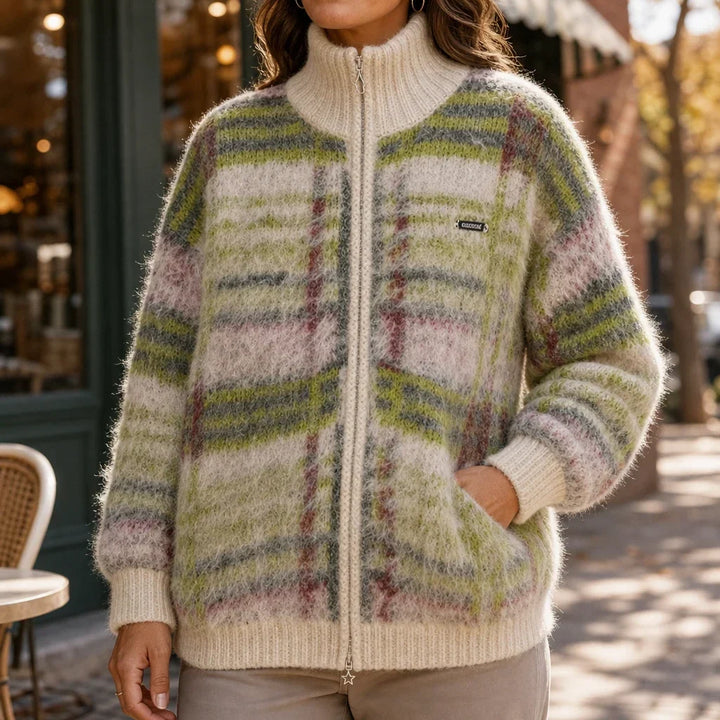 Checkermere Plush Plaid Zip-Up High-Collar Cardigan - Elena Harper