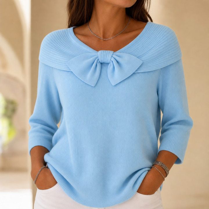 Bowdrift Bow-Neck Ribbed Knit Sweater - Elena Harper