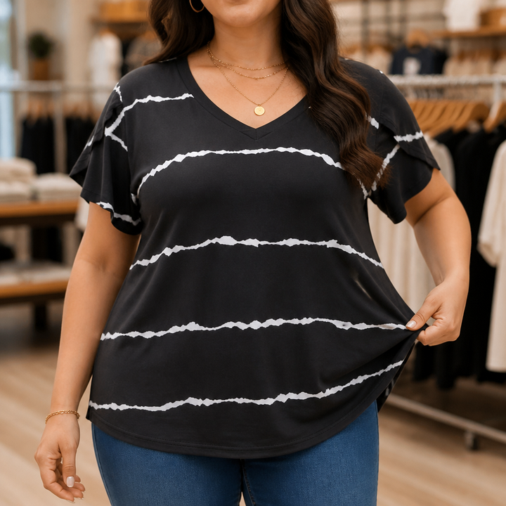Curvella Striped V-Neck Stretch Knit Tee - Elena Harper