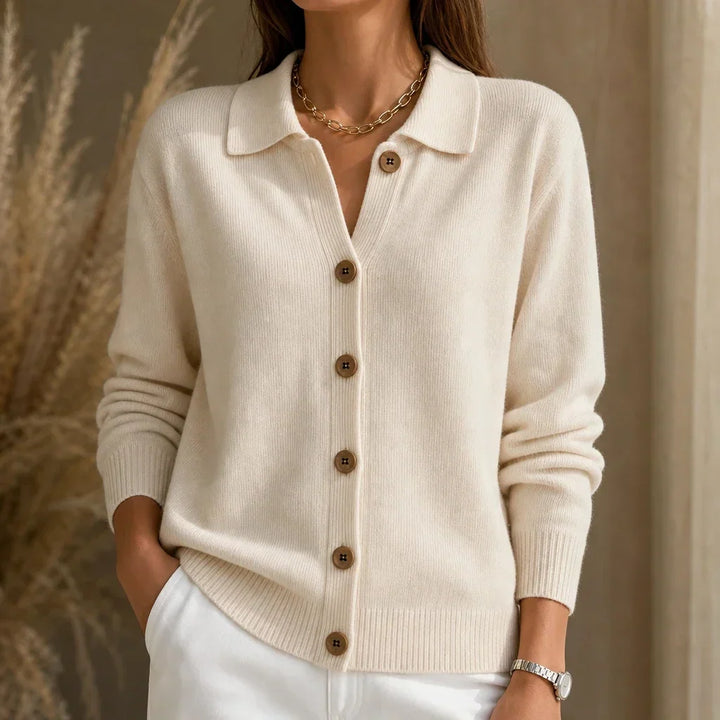 Collara Turn-Down Collar Contrast-Button Knit Cardigan - Elena Harper