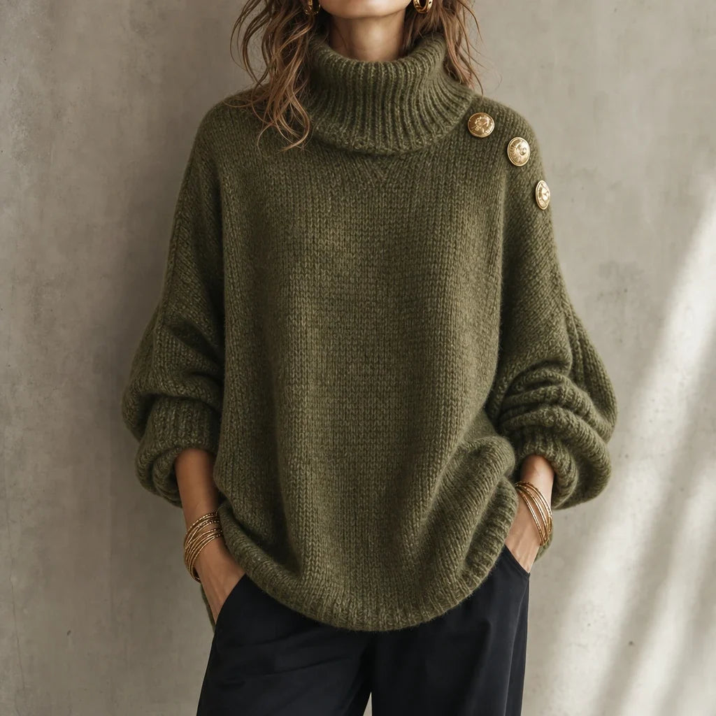 Aurelle – Gold Button Shoulder Knit Turtleneck Sweater