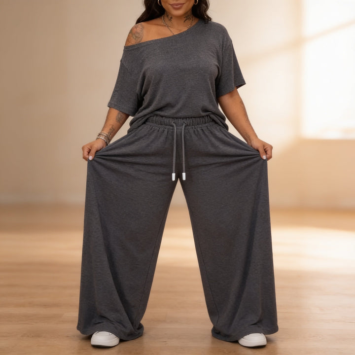 Draperline Off-Shoulder Asymmetrical Top And Wide-Leg Pants Set - Elena Harper