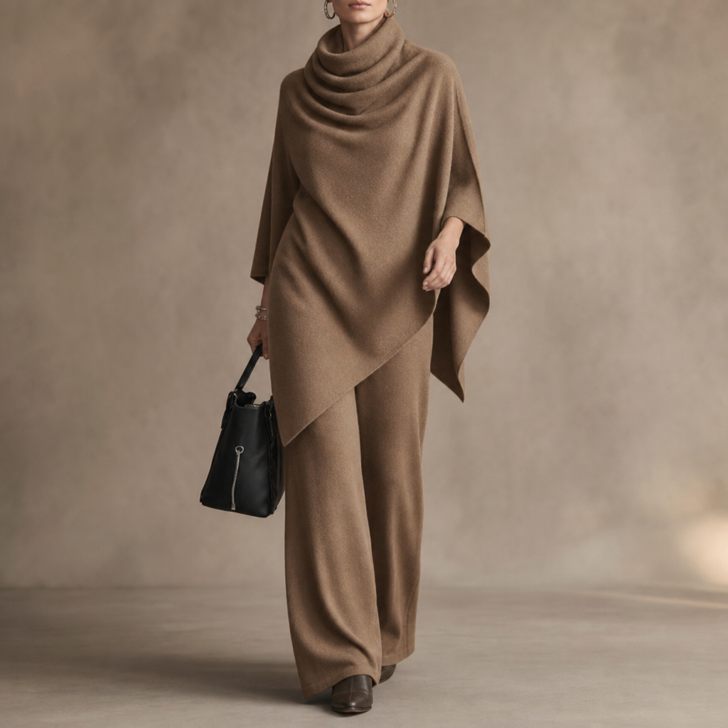 Draveil Cowl-Neck Cape Top And Wide-Leg Pants Set - Elena Harper