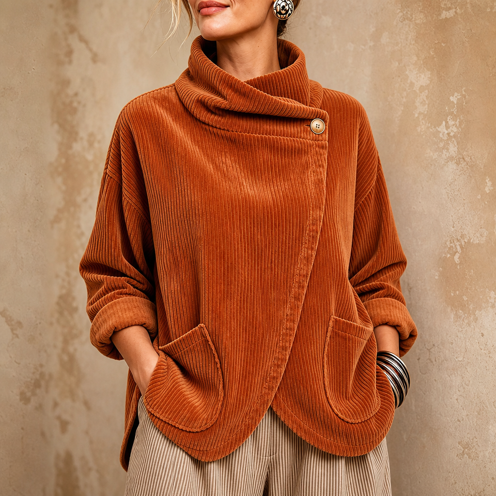 Draperie Asymmetric Button-Wrap Corduroy Top - Elena Harper