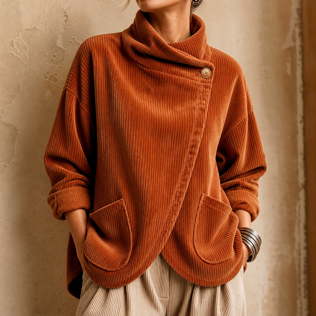 Draperly Asymmetric Wrap Neckline Corduroy Jacket - Elena Harper