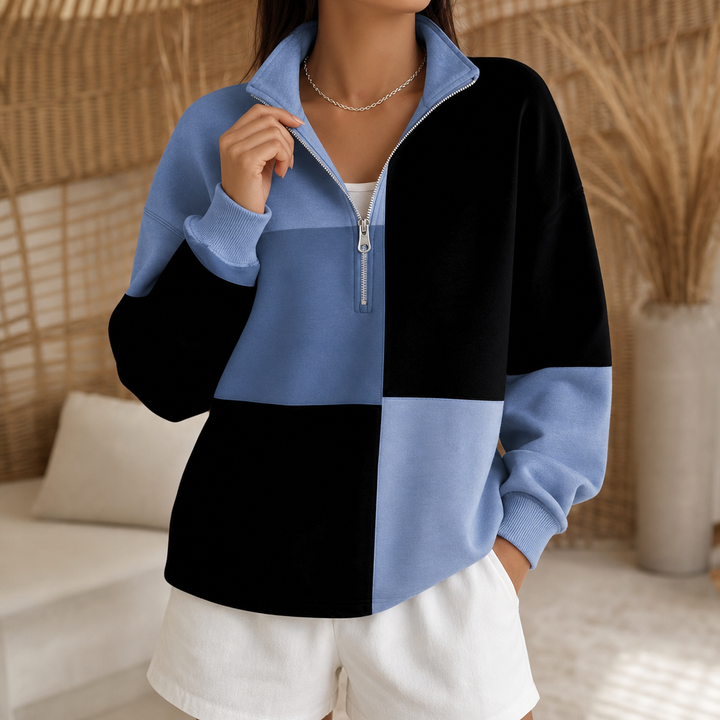 Colorplaid Colorblock Plaid Stand-Collar Zip Sweatshirt - Elena Harper