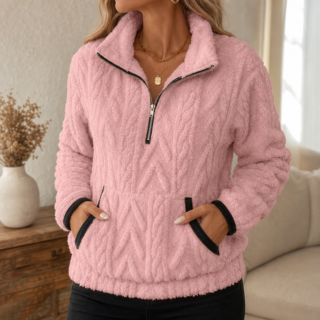 Cloudessa Half-Zip Fuzzy Pullover With Kangaroo Pocket - Elena Harper
