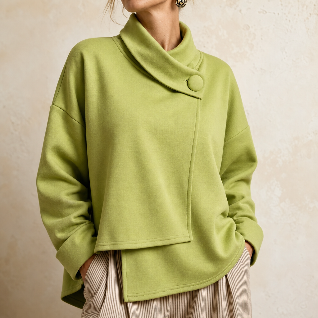 Draperly Asymmetric Cowl Neck Button Sweatshirt - Elena Harper
