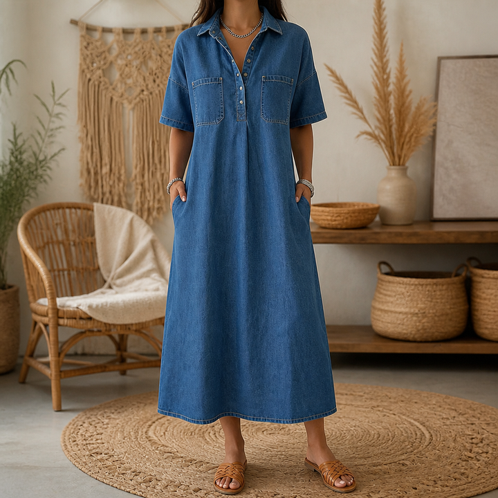 Denimly Pocketed Shirt Collar Denim Midi Dress - Elena Harper