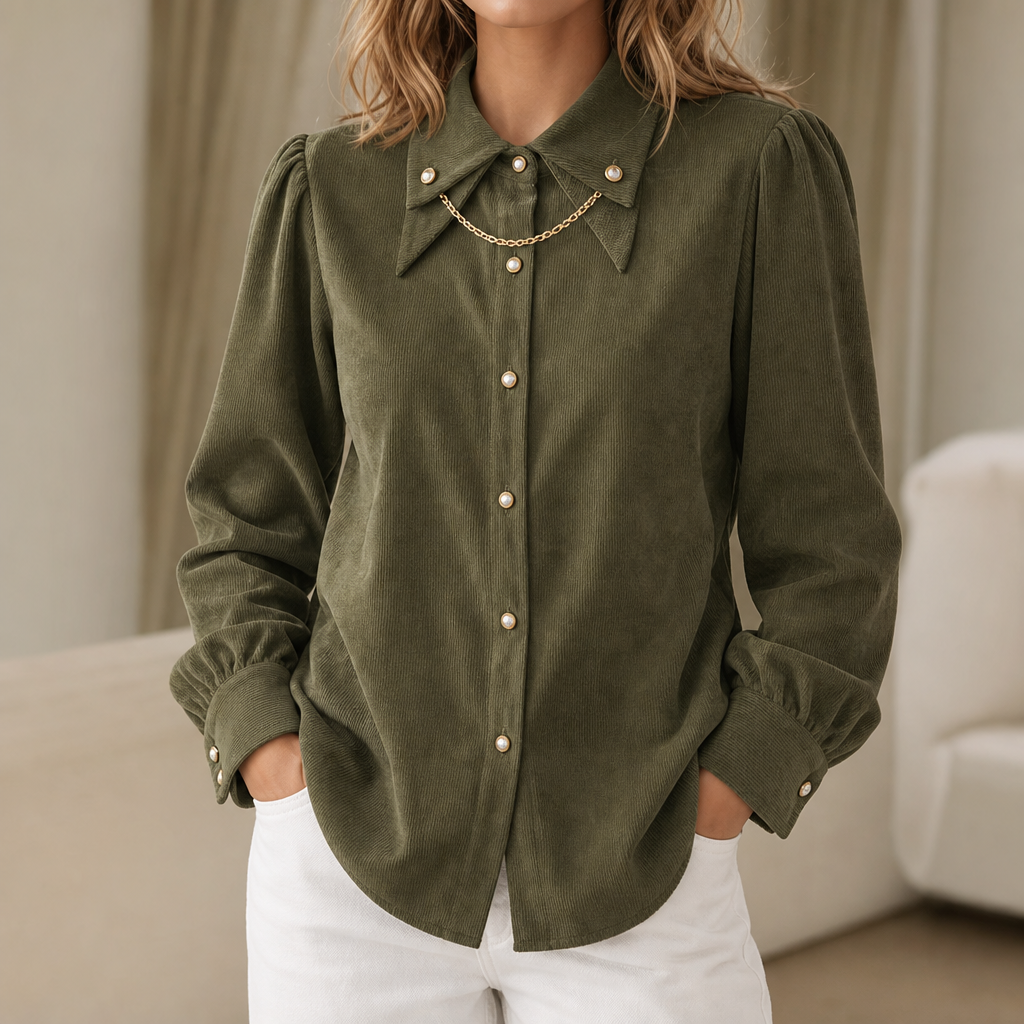Corduvia Studded Collar Corduroy-Look Shirt With Detachable Chain - Elena Harper