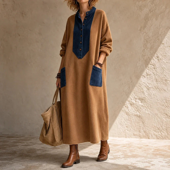 Boho Casual Cozy Colorblock Faux Suede Maxi Dress