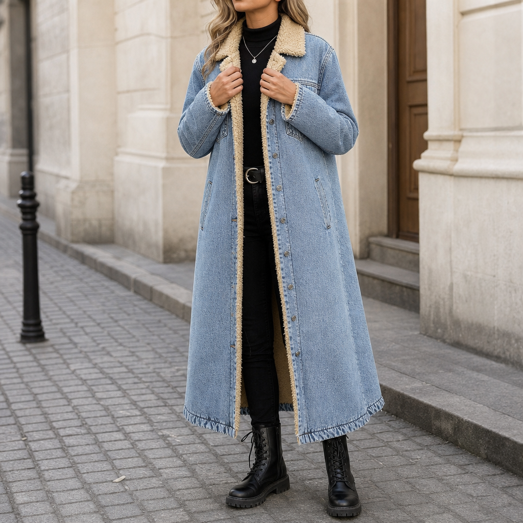 Denora Sherpa-Lined Full-Length Denim Coat - Elena Harper