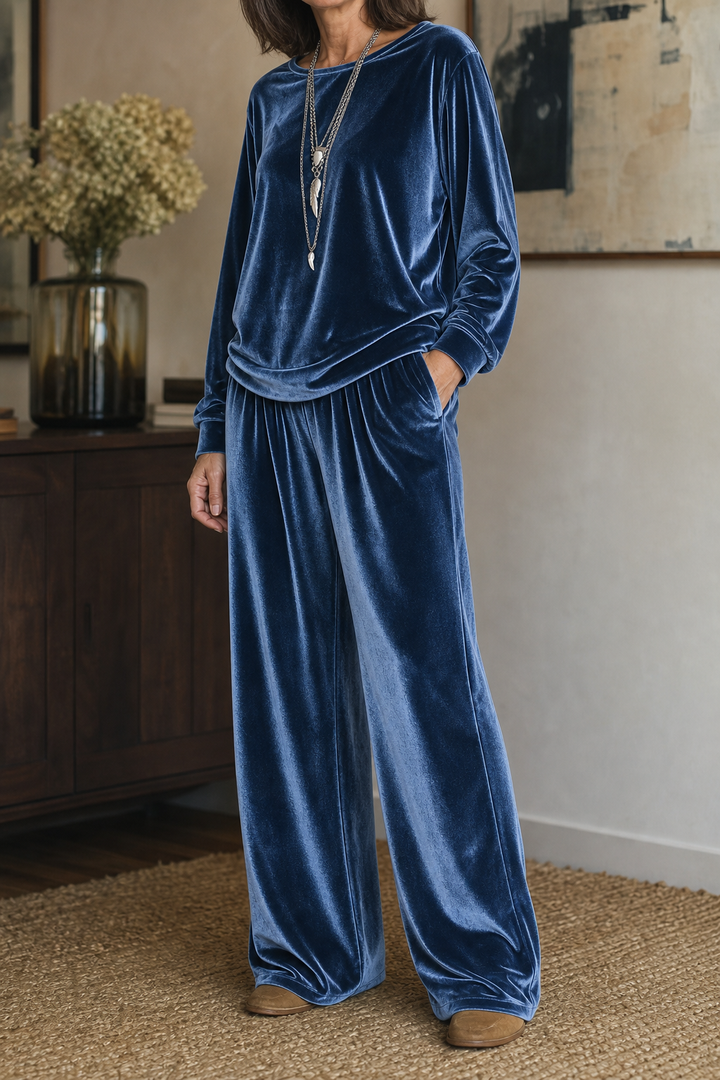 Duskvelor Velvet-Look Wide-Leg Two-Piece Lounge Set - Elena Harper