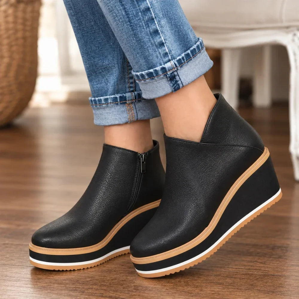 Colombe Smooth Side-Zip Wedge Ankle Boots - Elena Harper