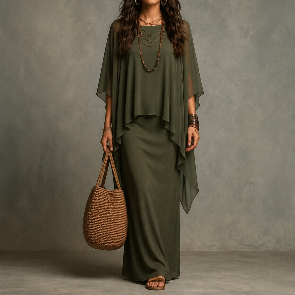 Draperie Cape Sleeve Asymmetric Hem Maxi Dress - Elena Harper