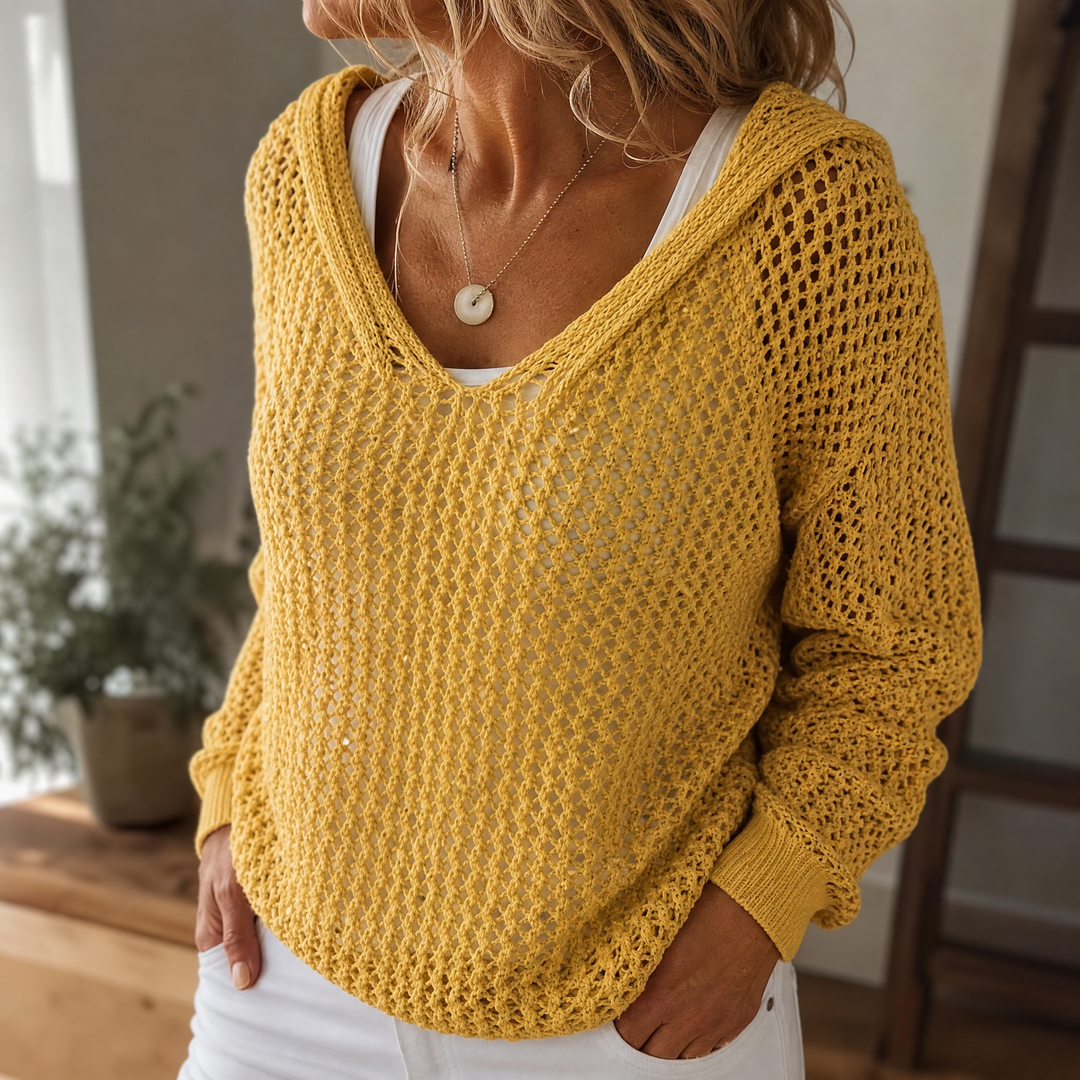 Delyne Women's Open-Knit Hooded Pullover - Elena Harper