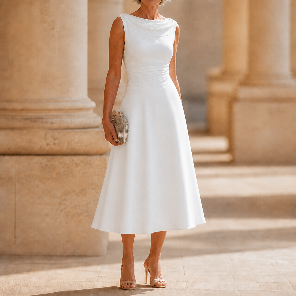 Draperie Draped-Neck Pleated A-Line Wedding Guest Dress - Elena Harper
