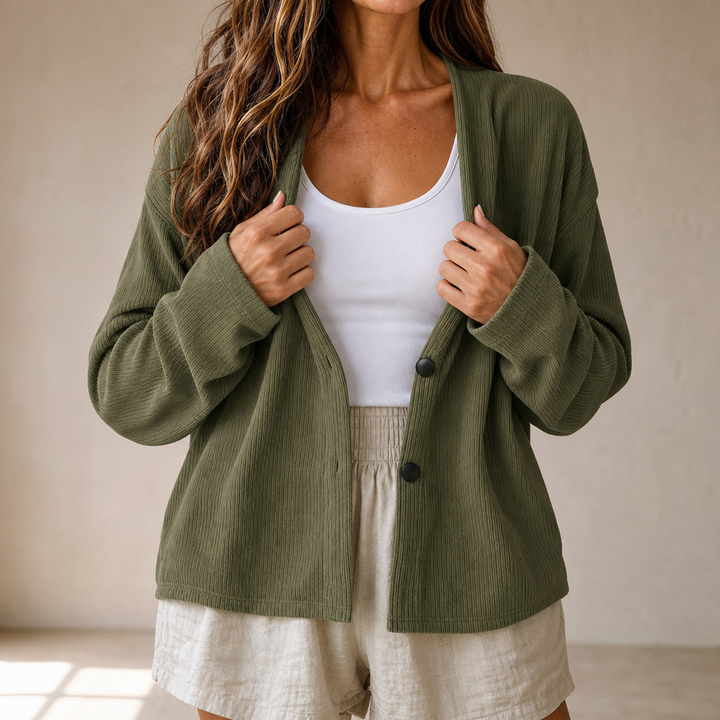 Corabelle Rib Open-Front V-Neck Cardigan - Elena Harper
