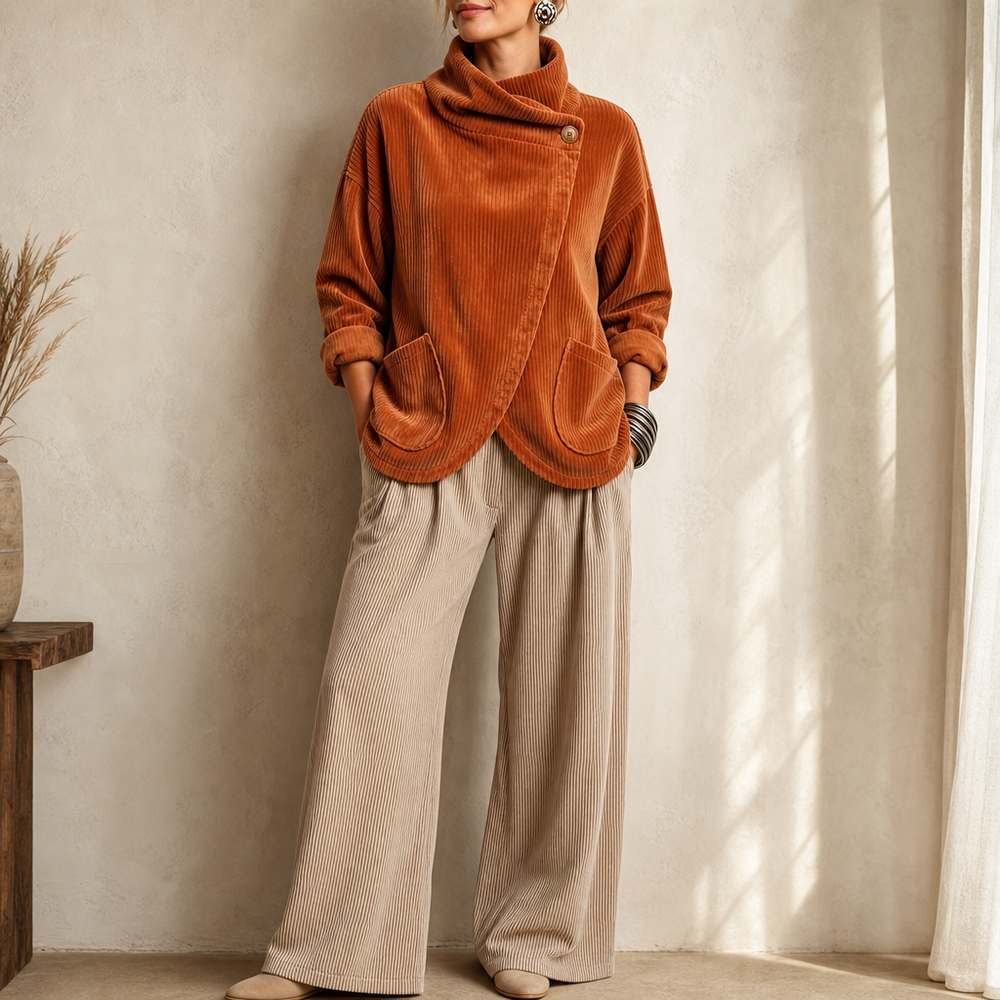 Draperie Asymmetric Button-Wrap Corduroy Top - Elena Harper