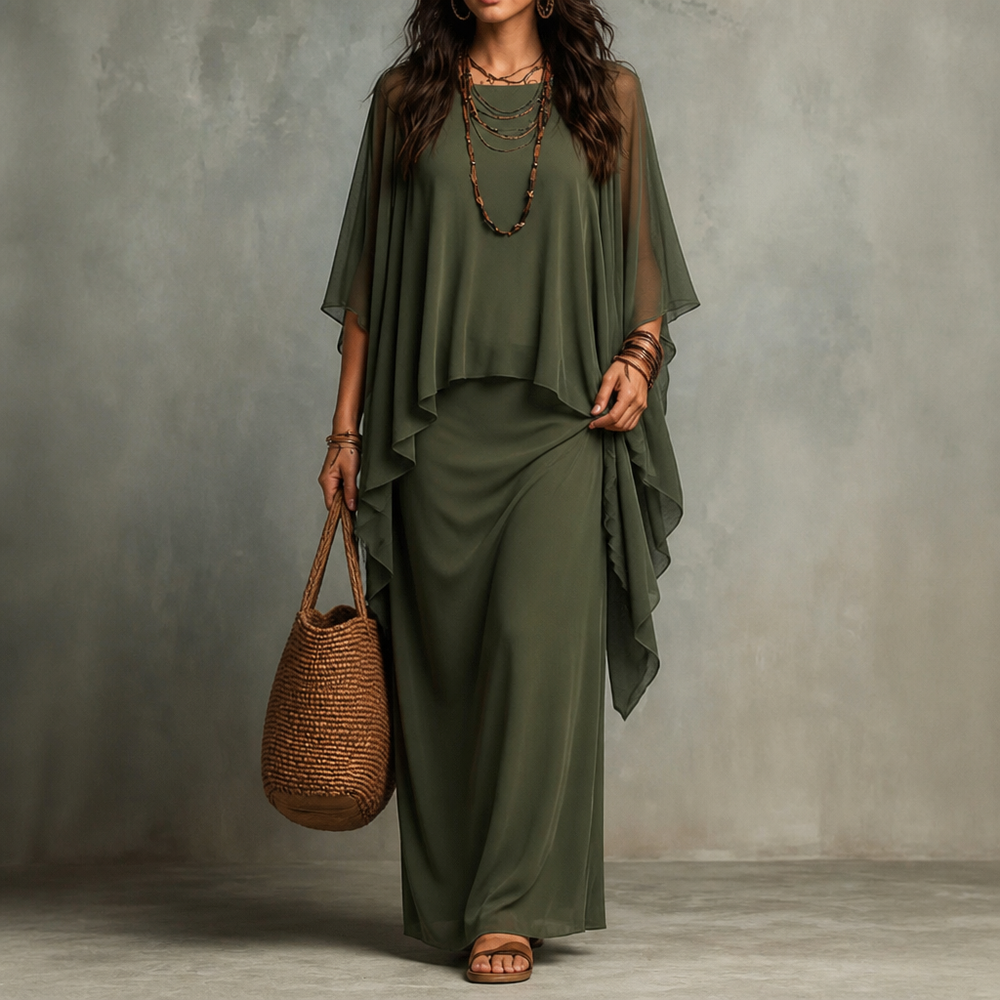 Draperie Cape Sleeve Asymmetric Hem Maxi Dress - Elena Harper
