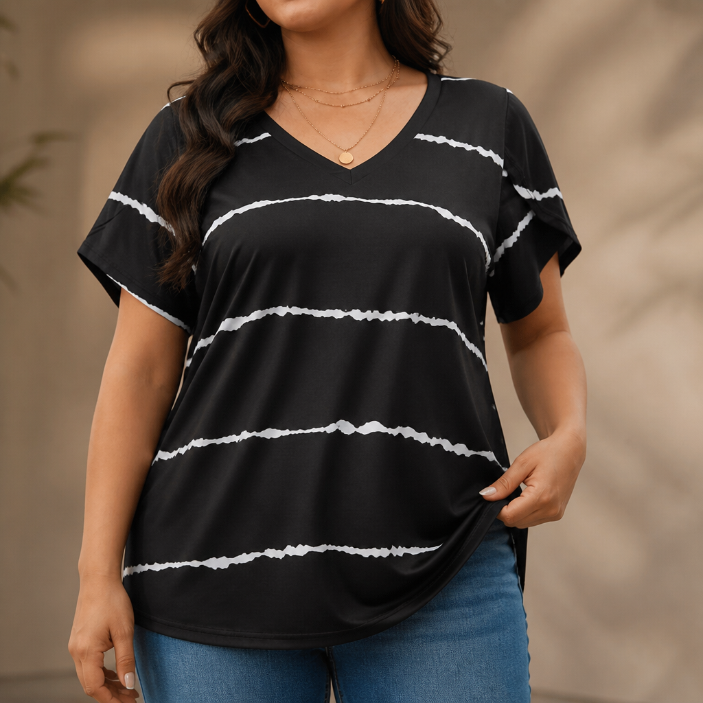 Curvella Striped V-Neck Stretch Knit Tee - Elena Harper