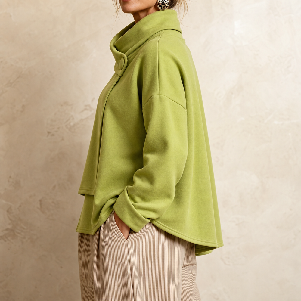 Draperly Asymmetric Cowl Neck Button Sweatshirt - Elena Harper