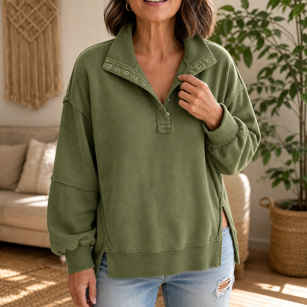Draperie Raw-Edge Split-Cuff Snap Placket Henley - Elena Harper