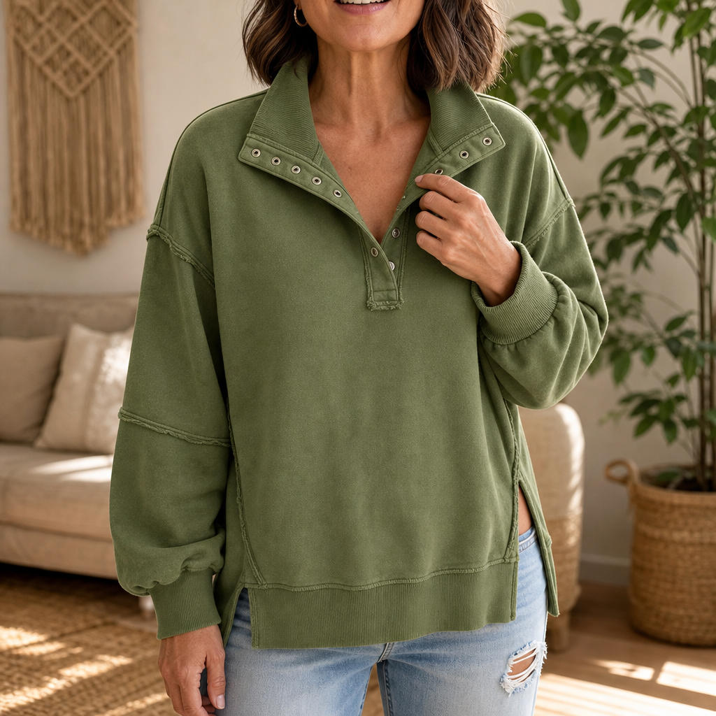 Draperie Raw-Edge Split-Cuff Snap Placket Henley - Elena Harper