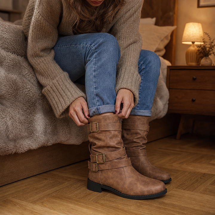 Bootara Slouchy Buckle Mid-Calf Boots - Elena Harper