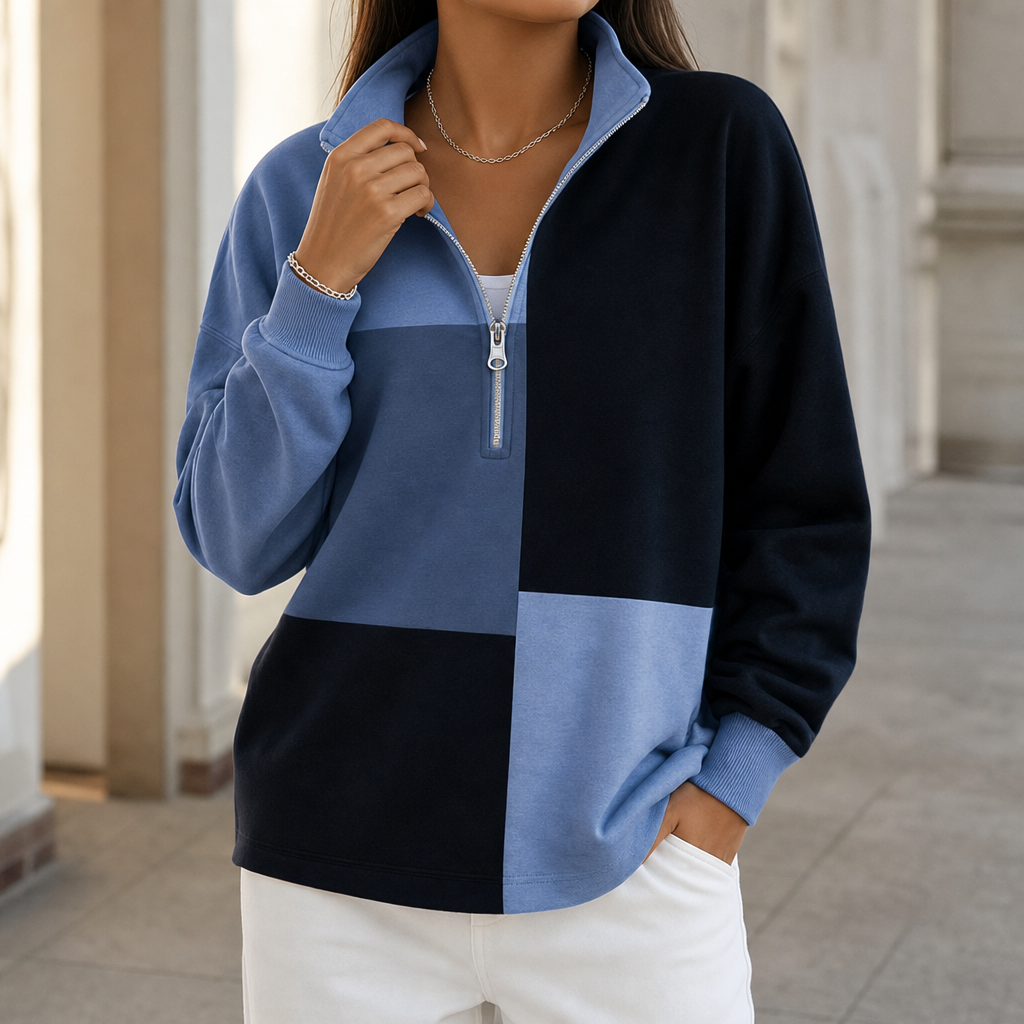 Colorplaid Colorblock Plaid Stand-Collar Zip Sweatshirt - Elena Harper