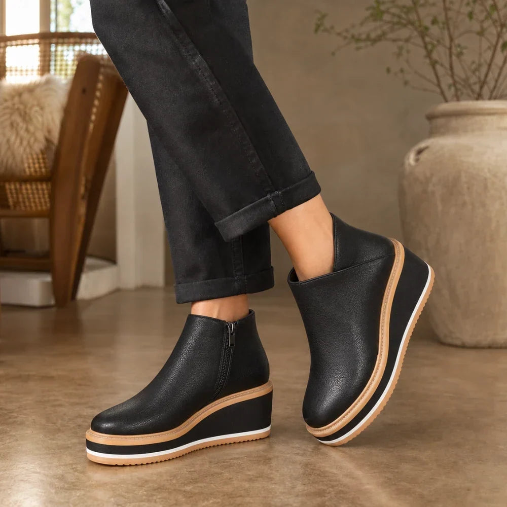 Colombe Smooth Side-Zip Wedge Ankle Boots - Elena Harper