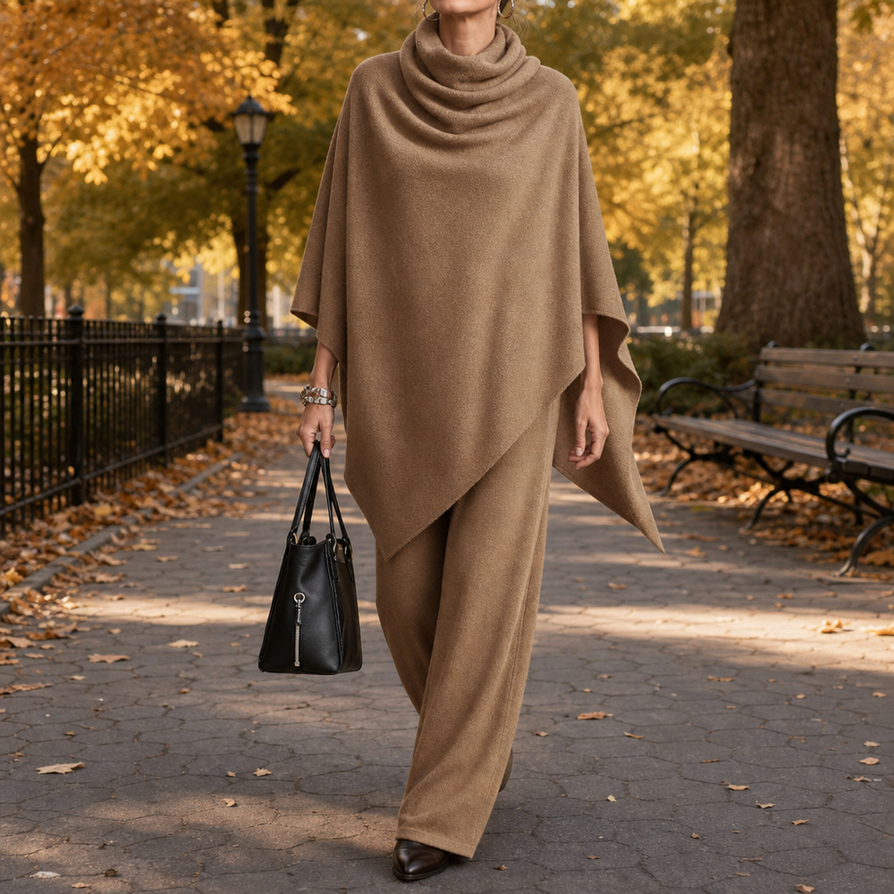Draveil Cowl-Neck Cape Top And Wide-Leg Pants Set - Elena Harper