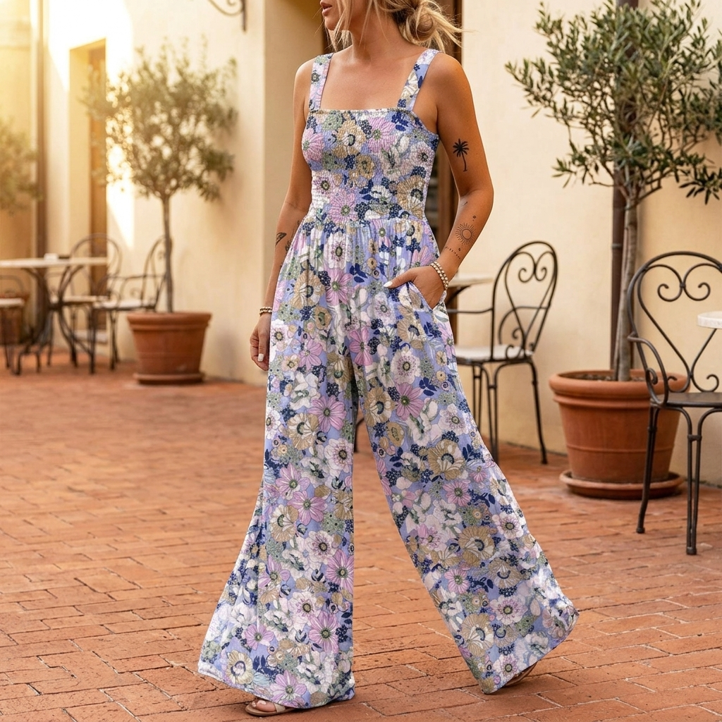 Bloomara Floral Wide-Leg Jumpsuit with Pockets - Elena Harper