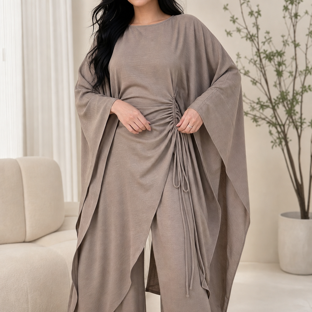Cinchara Ruched Waist Batwing Kaftan Two-Piece Set - Elena Harper