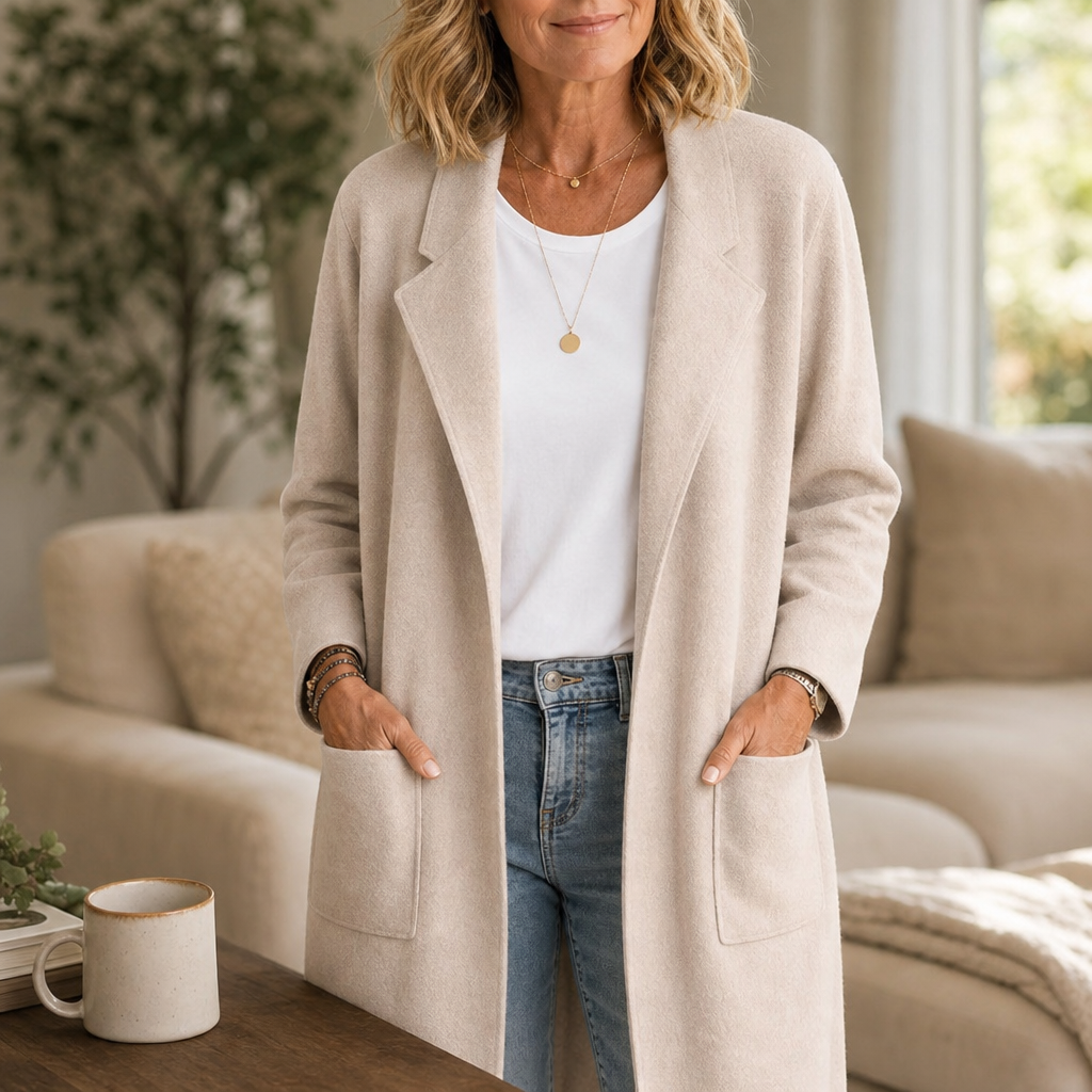 Draperie Longline Open-Front Wool-Blend Look Coat - Elena Harper