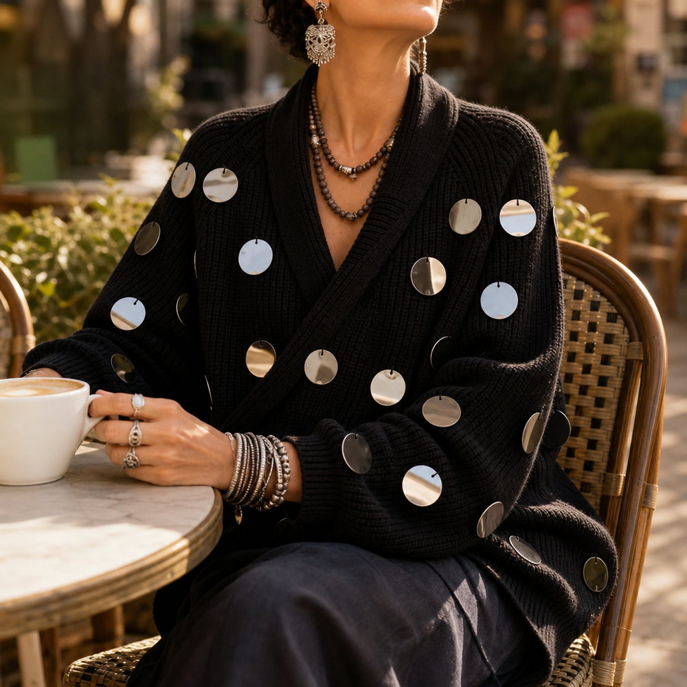 Diskelle Metallic Disk Wrap Cardigan - Elena Harper