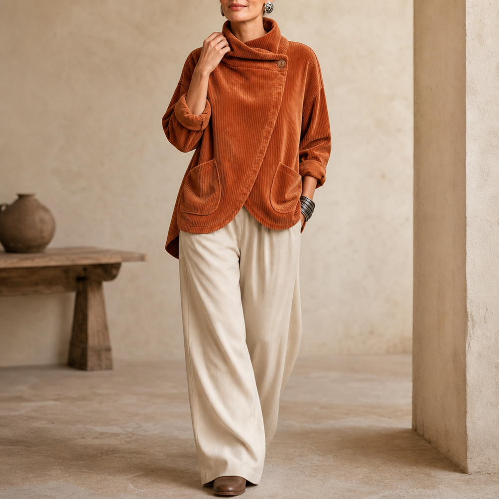 Draperly Asymmetric Wrap Neckline Corduroy Jacket - Elena Harper