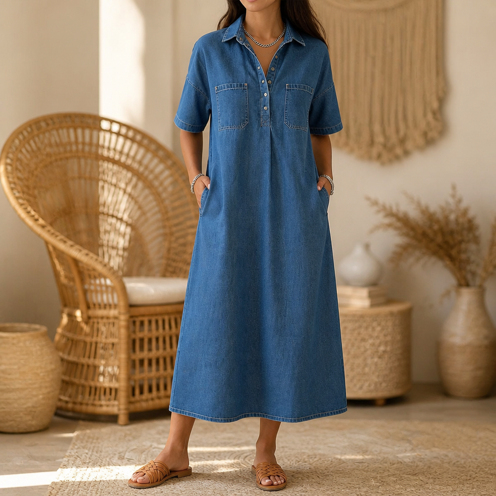 Denimly Pocketed Shirt Collar Denim Midi Dress - Elena Harper