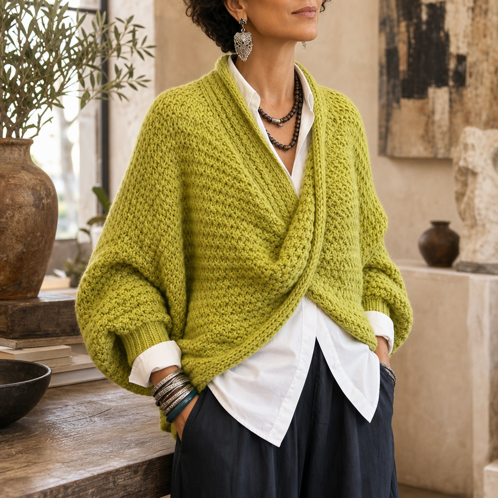 Crossovera Chunky Knit Crossover V-Neck Sweater - Elena Harper