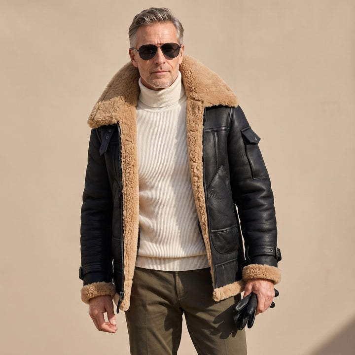 Felix | Men's Leather Flight Jacket with Teddy Fur Lining Zip Bomber
