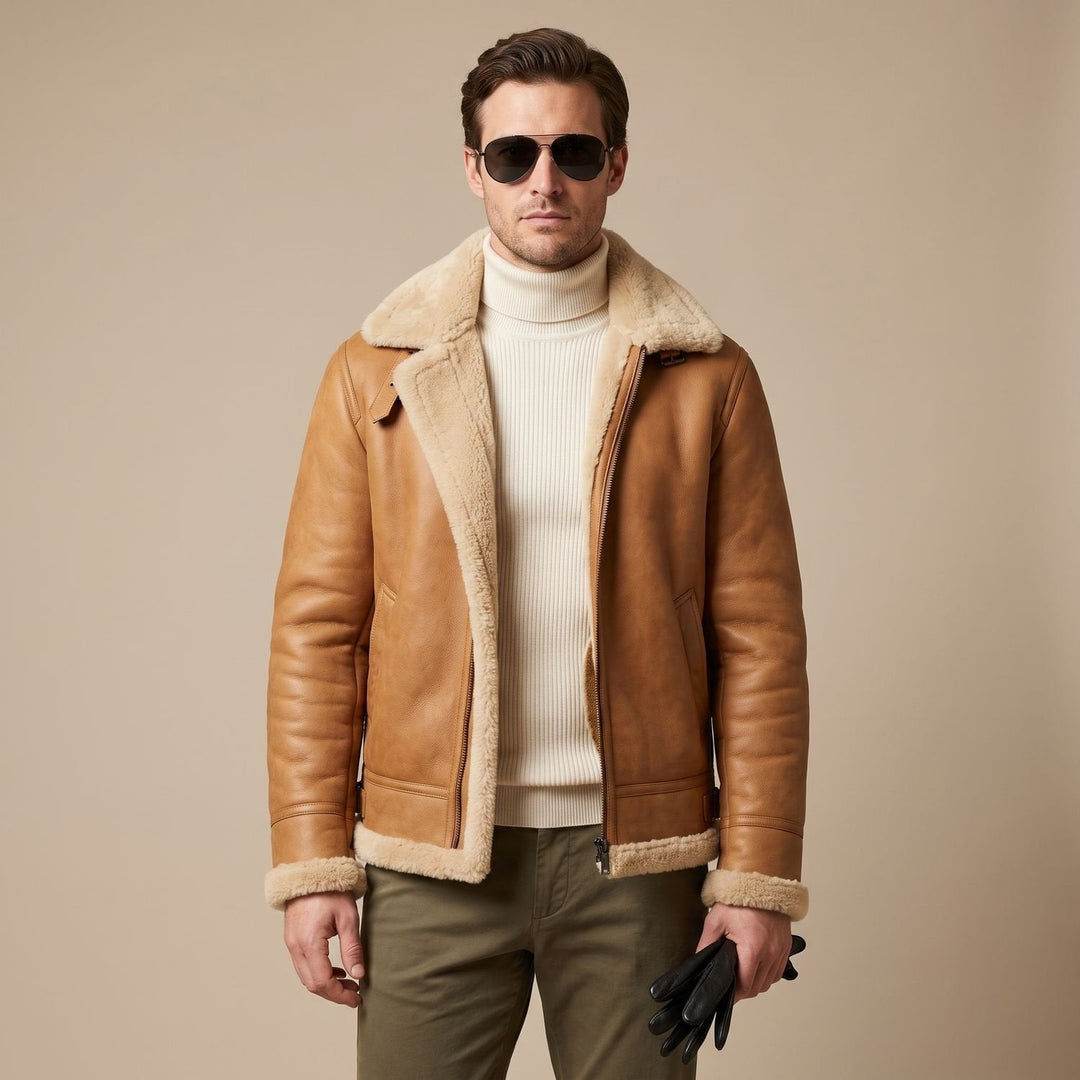 Felix | Men's Leather Flight Jacket with Teddy Fur Lining Zip Bomber