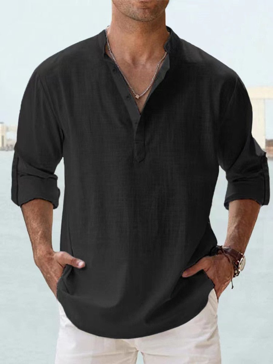 Simon | Men's Linen Shirt Stand Collar Long Sleeve Loose Fit