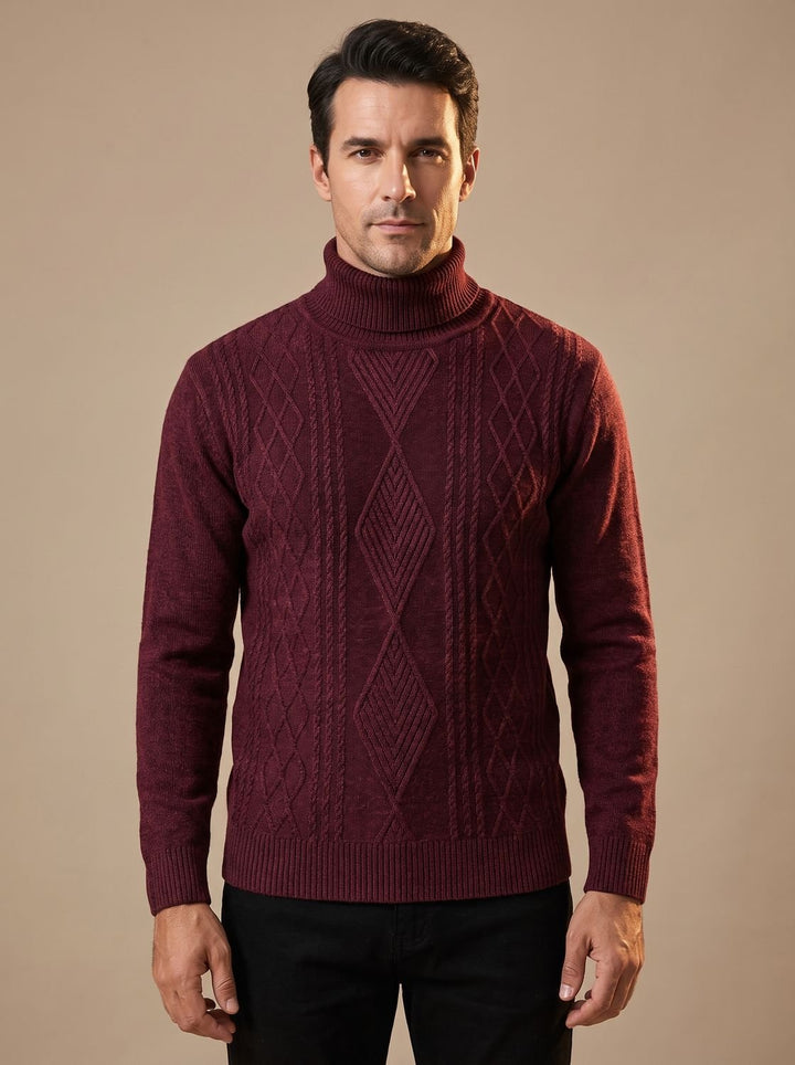Maximilian | Men's Slim-Fit Turtleneck Sweater with Cable Pattern, Black