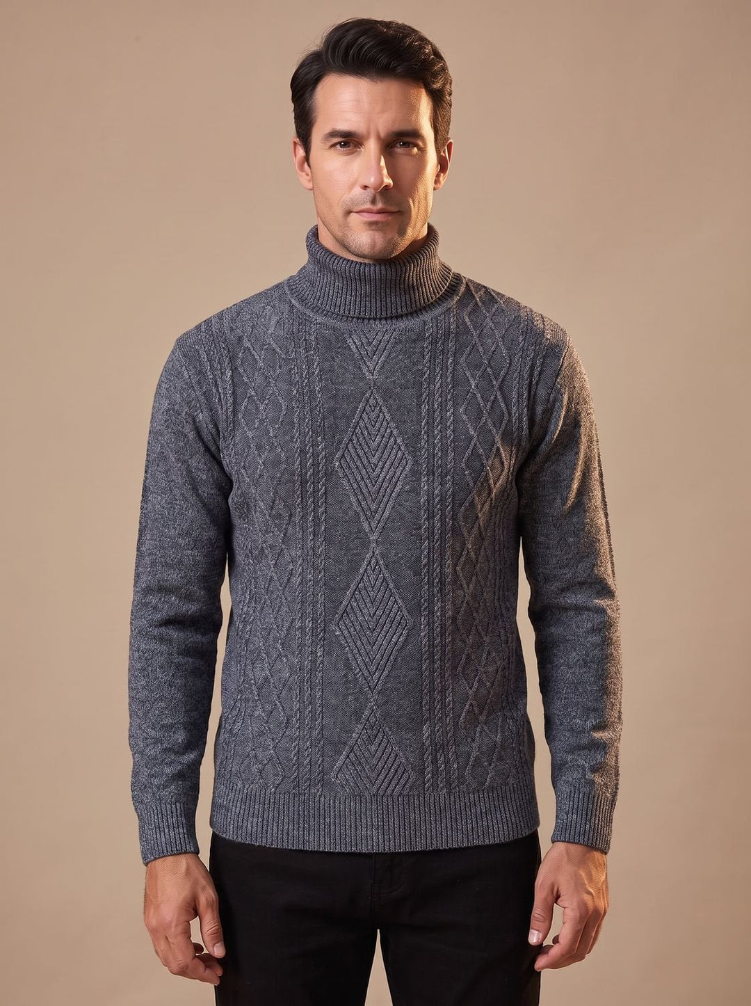 Maximilian | Men's Slim-Fit Turtleneck Sweater with Cable Pattern, Black